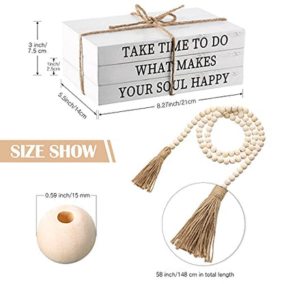 Jetec Decorative Display Books Hardcover, Faux Farmhouse Stacked for Coffee Tables Shelves with Wood Bead Tassels 58 Inch, 3 Pieces, White(Take Time to do, What Makes, Your Soul Happy) - style: Take Time to do, What Makes, Your Soul Happy