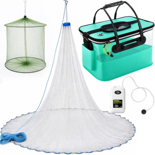 3 Pcs Fishing Bucket, Live Bait Aerator and Fishing Cast Net with Heavy Duty Sinker Foldable Live Bait Bucket Portable Quiet Aerator Fish Transport Container Outdoor EVA Bag - color: Blue, size: 4 Gallon