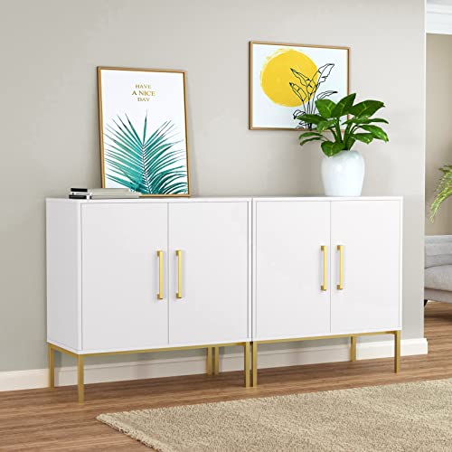 JOZZBY Buffet Sideboard Cabinet Set of 2 with Storage and Adjustable Shelves, White丨Modern Wooden Cabine, Black and Gold Cabinets for Living Room, Kitchen, Hallway - color: White, size: 2 Pcs