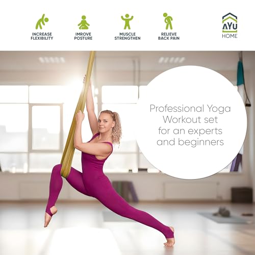 AyuHome Aerial Silks Kit for Home - Premium Yoga Swing for Adults with 660 lbs Capacity - Versatile Aerial Yoga Hammock for Gymnastics Training - color: Aerial silk - Gold - New