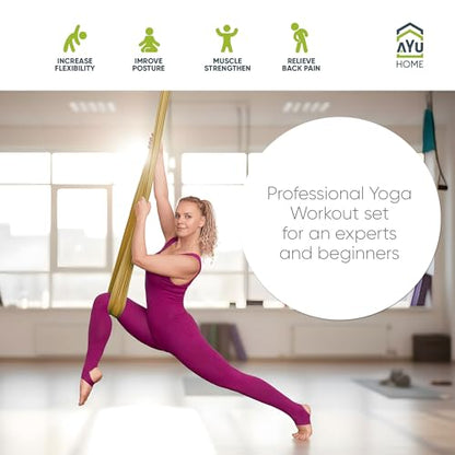 AyuHome Aerial Silks Kit for Home - Premium Yoga Swing for Adults with 660 lbs Capacity - Versatile Aerial Yoga Hammock for Gymnastics Training - color: Aerial silk - Gold - New