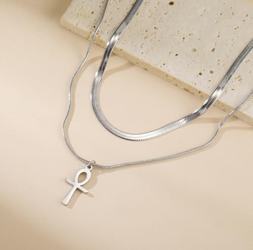 Ankh Cross Y Necklace Key of Life Eye of Horus Pendant Cartouche Long Chain Protection African Coptic Amulet Ancient Egyptian Religious Jewelry Gift for Women Men - color: layerd Ankh Cross