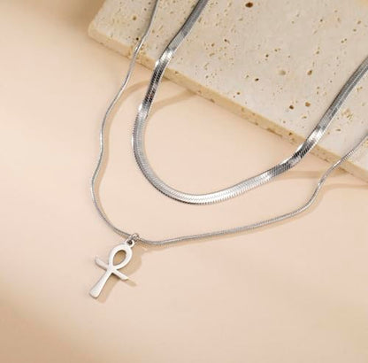Ankh Cross Y Necklace Key of Life Eye of Horus Pendant Cartouche Long Chain Protection African Coptic Amulet Ancient Egyptian Religious Jewelry Gift for Women Men - color: layerd Ankh Cross
