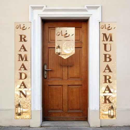 KYMY Ramadan Mubarak Porch Banners with Door Sign, Muslim Arabic Islamic Festival Door Banners 70.9"X11.8", Ramadan Kareem Crescent Moon Mosque Hanging Decorations for Eid Al Fitr Hajj Celebrations - color: Beige