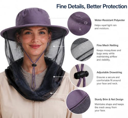 Mosquito Head Net Hat with Hidden Mesh Mask - UPF 50+ Sun Protection Safari Bucket Hat for Fishing Hiking Camping Men Women