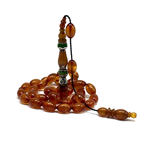EXCLUSIVE COLLECTION -Handmade Silver Engraved Bakelite Tesbih, Tasbih, Islamic Rosary, Islamic Prayer Beads, Misbaha (7x10 mm 33 Honey Color Rice Beads) - color: 7x10 mm 33 Honey Color Rice Beads