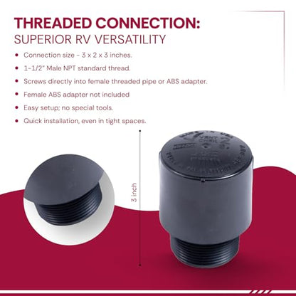 1-1/2" Male Threaded Vent Check 2 Secondary Venting Solution Air Admittance Valve AAV with Patented Spring Mechanism & Compatible with Schedule 40 ABS Adapters Designed for RVs (Black) - color: Pack of 1 - Recreational Vehicle