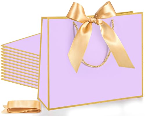 Silkfly 12 Pcs Paper Gift Bags with Handles & Bow Ribbon, Lavender, Gold - color: Light Lavender, Gold