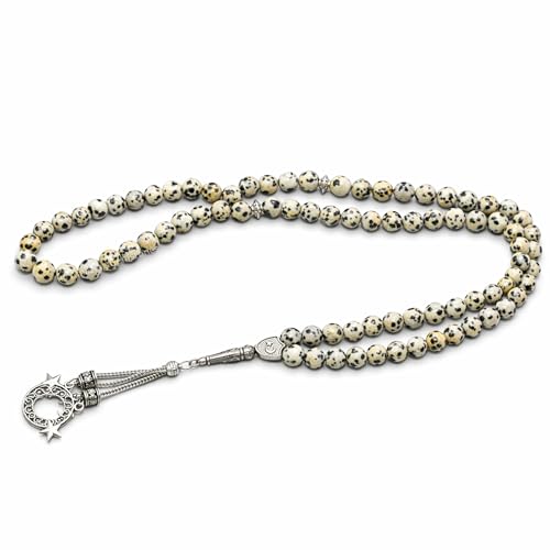Amazing Gemstone Dalmatian Jasper Tasbeeh with Moon and Star Charm - Certified Crystal Muslim Prayer Beads Natural Gemstone Tasbih Gift for Ramadan Dhikr and Daily Namaz (S) - color: Dalmatian Jasper