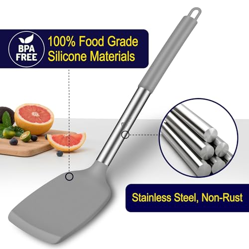 HOTEC Silicone Spatula Set of 2 Heat-Resistant 600°F & BPA-Free Kitchen SaptulaTurner with Stainless Steel Handles, Slotted & Solid Spatulas for Nonstick Cookware, 13.7 Inch, Grey - color: Gray