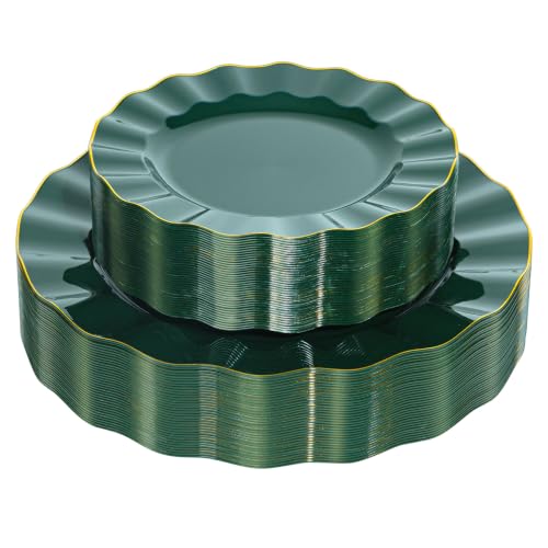 72PCS Dark Green Plastic Plates, Wavy Plates with Gold Rim - color: Green, size: 72PCS