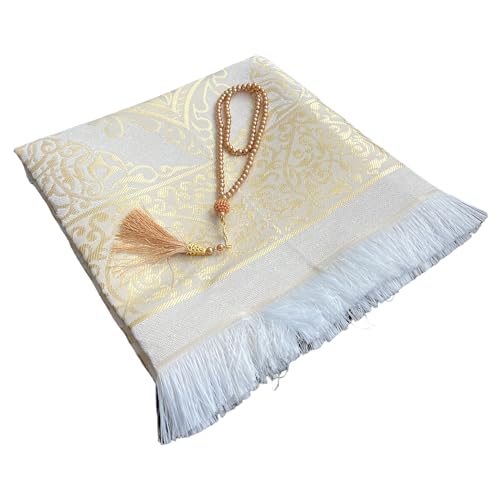 Muslim Prayer Rug and Beads with Elegant Slub Fabric Bag | Janamaz | Sajadah | Soft Islamic Prayer Rug | Islamic & Mawlid Gifts | Prayer Carpet Mat, Taffeta Fabric (Gold, 1 Sets) - color: Gold, size: 1 Sets