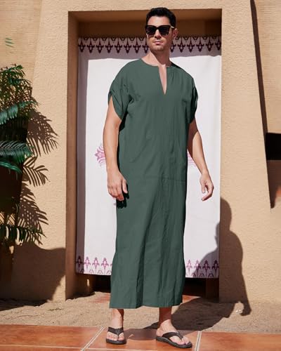 YAOHUOLE Men's Short Sleeve Kaftan Thobe Side Split Caftan with Pockets Long Gown Thobe - color: Dark Gray, size: Medium