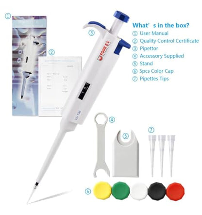 FOUR E'S SCIENTIFIC 0.5-10μL Pipette, Single-Channel Adjustable Pipettor | Manual Micropipette, Clear Volume Display, Lightweight Ergonomic Design - size: 02 (0.5-10ul)