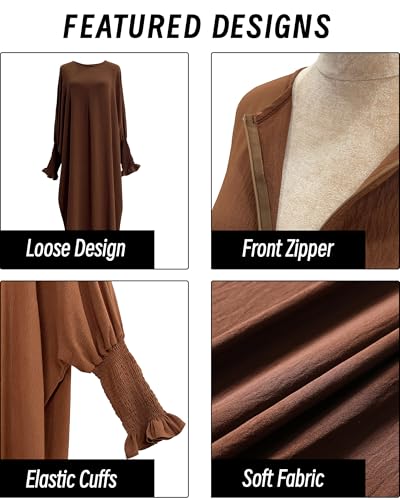 Muslim Prayer Abaya Islamic Women's Khimar Pure Color Hijab Dress Long Sleeve Dubai Kaftan - color: Coffee
