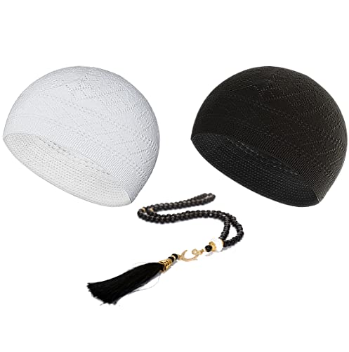 ESERRA Kufi Hats for Men - Prayer Cap, Handicraft Taqiyah, Muslim Tasbih 99 Beads, Prayer Beads - color: White and Black