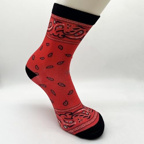 Cute Goldendoodle Unisex Funny Novelty Socks, Funky Crazy Cool Crew Dress Socks - color: Red Bandana Colorful Paisley Bandanna