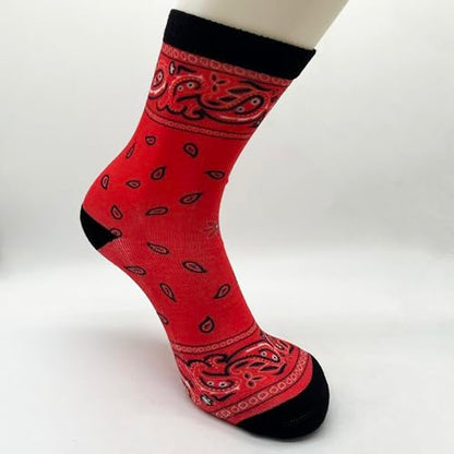 Cute Goldendoodle Unisex Funny Novelty Socks, Funky Crazy Cool Crew Dress Socks - color: Red Bandana Colorful Paisley Bandanna