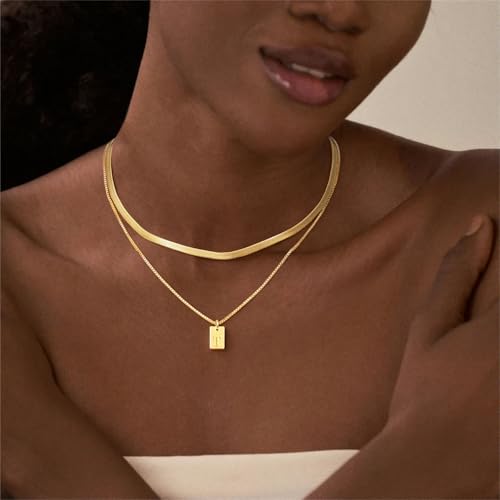 14K Gold Plated Layered Initial Necklace for Women with Herringbone Chain | Herringbone Choker & Letter Pendant, Waterproof Non-Tarnish Adjustable Snake Chain, 2Pcs Minimalist Stacking Jewelry Gift - color: T