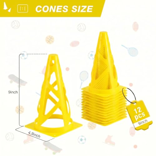 12 Pack Soccer Cones, 9 Inch Agility Cones for Soccer, Football, Basketball, Cones for Sports Training, Speed & Agility Drills, Field Marking Equipment - color: yellow