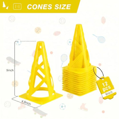12 Pack Soccer Cones, 9 Inch Agility Cones for Soccer, Football, Basketball, Cones for Sports Training, Speed & Agility Drills, Field Marking Equipment - color: yellow