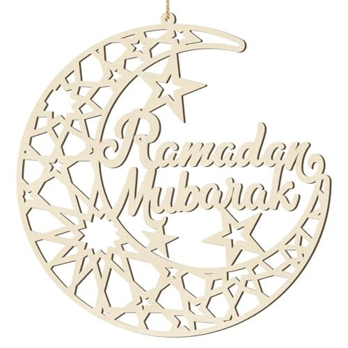 Ramadan Decorations Eid Mubarak Wreath Door Sign Wooden Hanging Signs, Kareem Hollow Ornament Moon and Stars, Moon Shape Ramadan Mubarak Party Wood Wall Hanger for Islamic Muslim Home Decor - color: Ramadan
