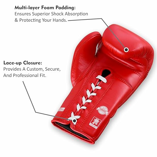 Aura 100 Full Grain Leather Lace Up Boxing Gloves for Men & Women – Professional Training, Sparring, Competition, Muay Thai, Kickboxing & Heavy Bag Gloves - color: Red, size: 12 OZ