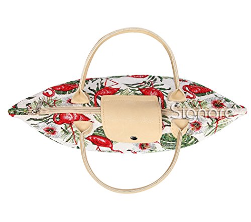 Signare Tapestry Foldable Tote Bag Reusable Shopping Bag Grocery Bag - color: Flamingo