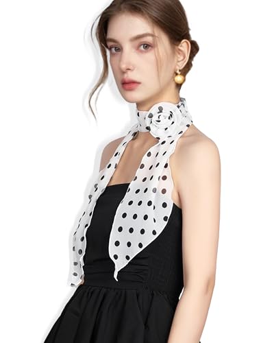 Chiffon Scarf for Women, Removable Flower Neck Scarf Light Soft Fashion Rose Scarves Versatile Headband or Hair Band - color: Polka Dot White