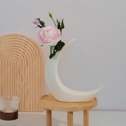 Moon Vase - 9.05" Textured White Ceramic Crescent Vase, Handmade Matte Finish - Organic Modern Decor for Flowers, Shelf & Table Centerpiece - color: Matte White - Crescent Vase