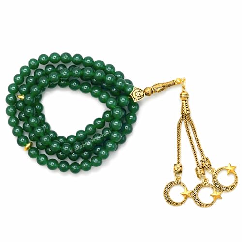 Amazing Gemstone Crystal Tasbeeh with Moon and Star Charm - Certified Crystal Muslim Prayer Beads Natural Gemstone Tasbih Gift for Ramadan Dhikr and Daily Namaz (G) - color: Green Jade (dye)