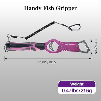 Eupheng 11.8'' Heavy-Duty Fish Gripper with Scale Rustproof Aluminum Body, Non-Slip Rubber Handle, Built-in Weight Estimator & Wrist Lanyard - color: Pink