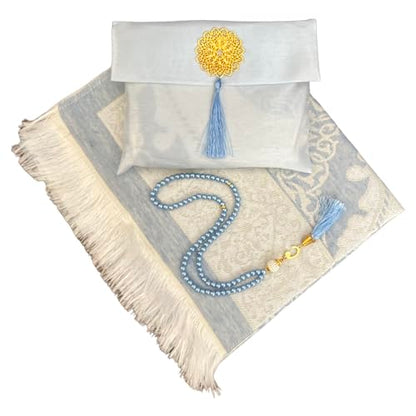 Muslim Prayer Rug and Beads with Elegant Slub Fabric Bag | Janamaz | Sajadah | Soft Islamic Prayer Rug | Islamic & Mawlid Gifts | Prayer Carpet Mat, Taffeta Fabric (Blue, 1 Sets) - color: Blue, size: 1 Sets