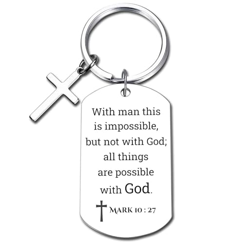 GiftYou Inspirational Scripture Metal Key Chains with Cross Pendant - Bible Verse Keychain Religious Gift for Christian - color: Mark 10:27