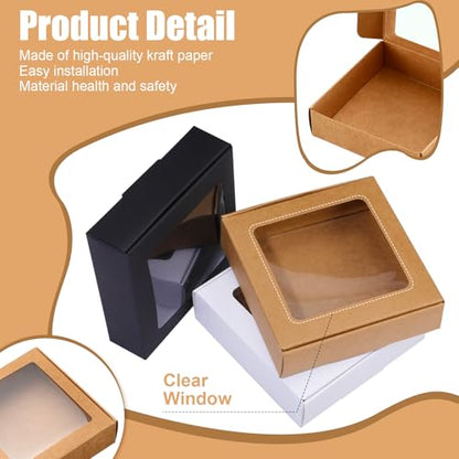 Zonon 30 Pcs Kraft Paper Boxes with Window 4.13 x 4.13 x 1.18 Inch Candy Packaging, Small Gift Boxes, Soap holder, Mini Treat Packaging for Bakery Chocolate Jewelry Display (Brown,Black,White) - color: Brown, Black, White