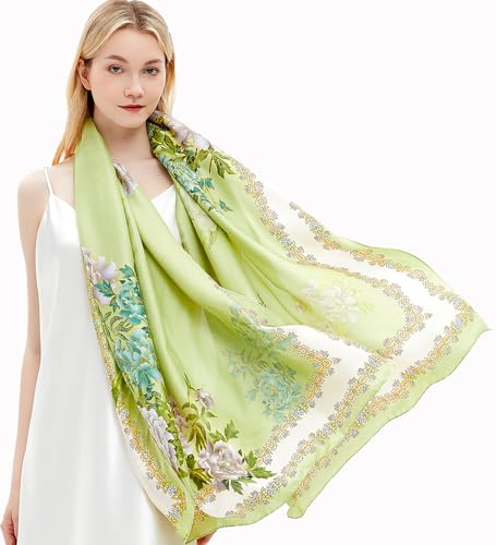 Women Silk Scarves Long Satin Lightweight Outdoor Shawl Wraps Printed Head Scarf 70''X35'' - color: 105-green