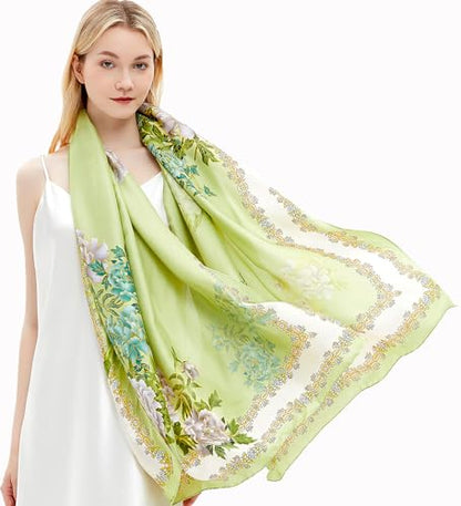 Women Silk Scarves Long Satin Lightweight Outdoor Shawl Wraps Printed Head Scarf 70''X35'' - color: 105-green