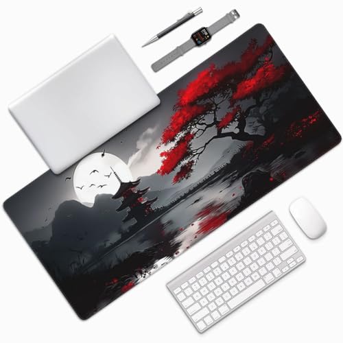 XXL Gaming Mouse Pad 35.4x15.7 Inch, Large Extended Desk Mat | Oriental Landscape Moon Design, Non-Slip Rubber Base, Water-Resistant Surface and Stitched Edges for Gaming, Office & Home - color: Oriental Landscape Moon