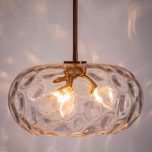 Large Glass Pendant Lighting, Hammered Lampshade Chandelier with Height Adjustable Hanging Rods, Brass Gold Chandelier for Dining Living Room Kitchen Island (Clear, 14 Inch) - color: Clear, size: 14 Inch