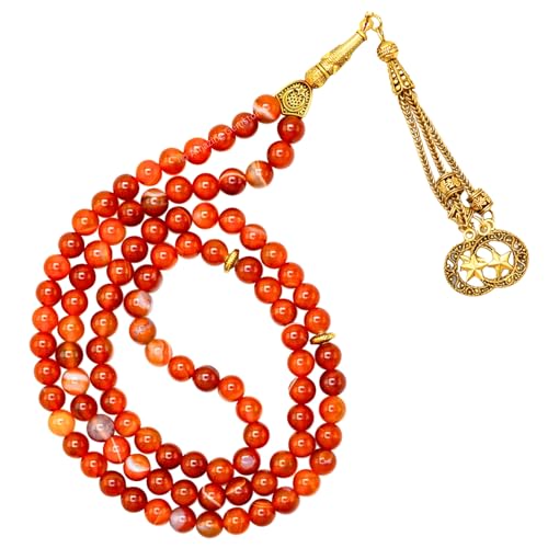Amazing Gemstone Crystal Tasbeeh with Moon and Star Charm - Certified Crystal Muslim Prayer Beads Natural Gemstone Tasbih Gift for Ramadan Dhikr and Daily Namaz (G) - color: Red Banded Agate