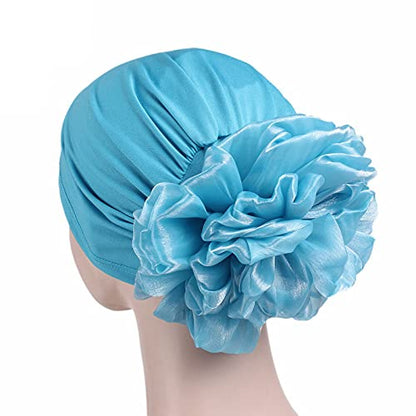 Women Flower Elastic Turban Beanie Head Scarf wrap Chemo Cap hat for Cancer Patient - color: Black White Lake Blue Orange