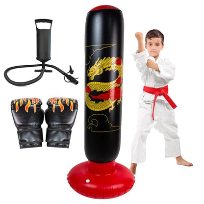 Onirii 66 Inch Kids Inflatable Punching Bag | Large Stable Kids Inflatable Boxing Bag Toy Set with Gloves for Boys & Girls Age 3-12 for Taekwondo,MMA and Practicing Karate - color: Golden Dragon