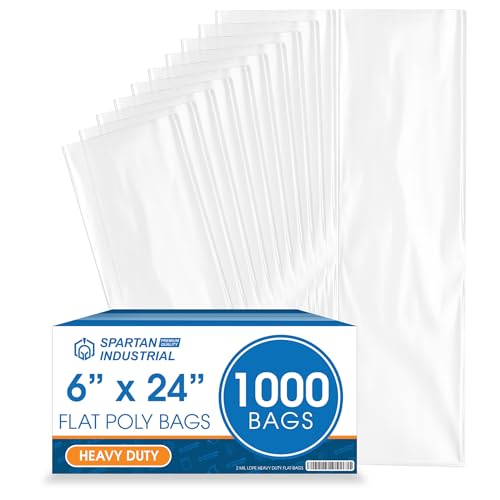6" X 24" Open-End Flat Poly Bags (1000 Count) - 2 Mil Clear | Heat-Sealable Plastic Bags for Packaging, Shipping, Storage - No Adhesive Strip - Spartan Industrial - size: 6" X 24"