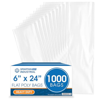 6" X 24" Open-End Flat Poly Bags (1000 Count) - 2 Mil Clear | Heat-Sealable Plastic Bags for Packaging, Shipping, Storage - No Adhesive Strip - Spartan Industrial - size: 6" X 24"