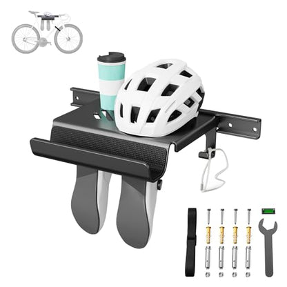 Bike Wall Mount Rack Indoor Bike Storage Garage Bike Rack Wall Mount with Shelf and Hooks Store Your Helmet and Shoes for a Single Road, Mountain or Other Bicycle (Fit Crank Bicycle,16" Stud)