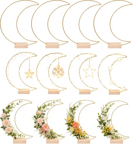 EXCEART Dining Table Decor 10 Sets Metal Floral Hoop Moon Shaped Metal Wreath Ring Stand with Wood Holder Centerpiece Table Decor for DIY Xmas Wedding Decorations Flower Garlands - color: As Shown, size: 26x20cm