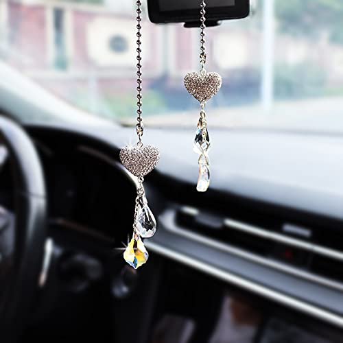 Car Mirror Hanging Accessories Car Accessories for Women, Love Crystal Car Mirror Charms Cute Car Rear View Mirror Hanging Ornament, for Car Interior Decor Pendant Anniversary (Silver) - color: Silver