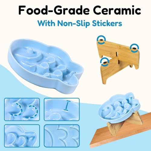 Elevated Slow Feeder Cat Bowl with Stand, 6.3''Ceramic Fish Maze Cat Food Bowl, Raised Whisker Friendly Wide Shallow Cat Dish for Wet & Dry Food, Non Slip Puzzle Feeder for Cats & Small Dogs (Blue) - color: Blue with Stand