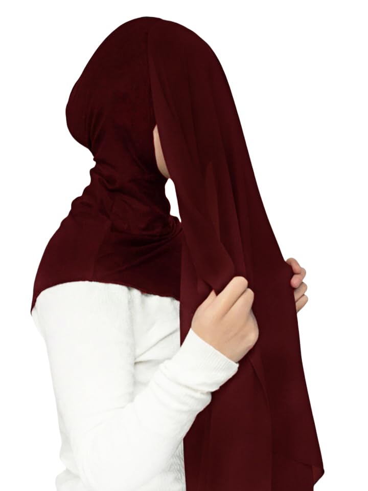 Lina & Lily Flowy Chiffon Instant Hijab Scarf Attached Jersey Ninja Undercap Full Coverage for Muslim Women - color: Dark Red