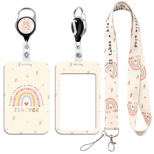 Cute Teacher Lanyard with ID Badge Holder Retractable Badge Reel Clip Keychain Key Neck Strap Lanyard for Women - color: Teacher Boho